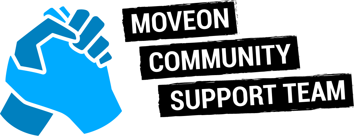 A vector of two blue hands grasped together and to the left is bold text, "MoveOn Community Support Team"