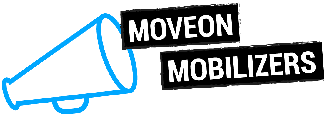 A blue speaker icon on the left and a text saying MoveOn Mobilizers on the right.